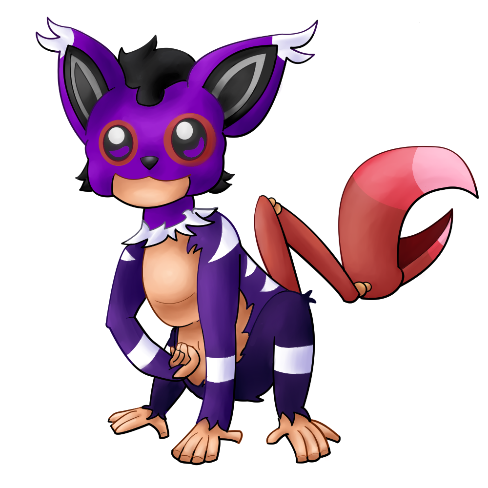 A purple and white-striped monster with a face resembling a caracal and a body resembling an ape. It has exposed pale skin on its belly and hands. It has red rings around its eyes and a red pincer as a tail.