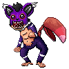 A purple and white-striped monster with a face resembling a caracal and a body resembling an ape. It has exposed pale skin on its belly and hands. It has red rings around its eyes and a red pincer as a tail. Its mouth is open to reveal several rows of teeth.