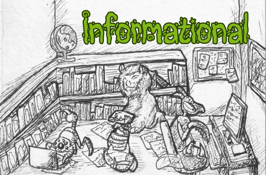 A library with various creatures and text reading informational